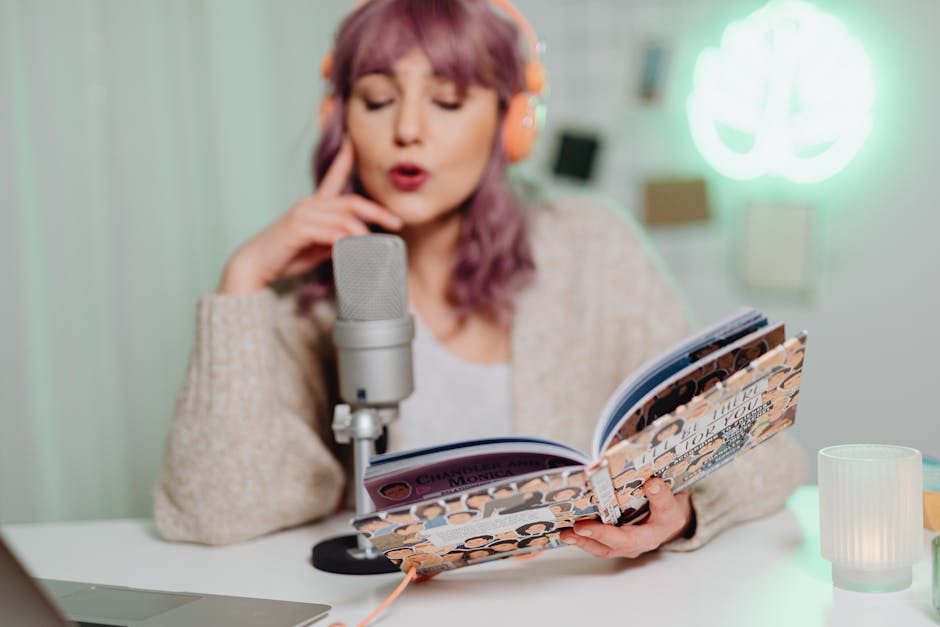 Professional voice-over artist in modern recording studio with high-end audio equipment